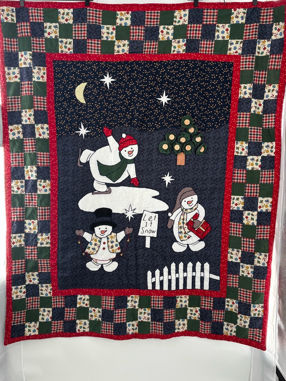 Christmas Quilt Throw Snowmen “Let It Snow” C&F Enterprises Bells Patchwork